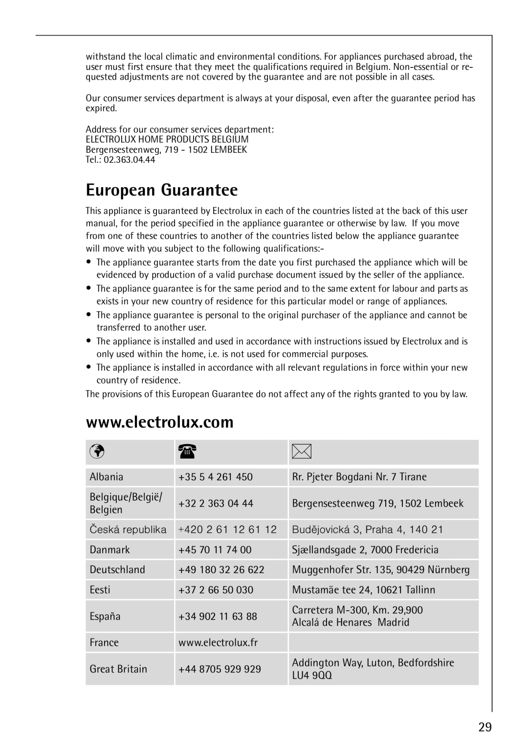 Electrolux FM4863-an manual European Guarantee, LU4 9QQ 