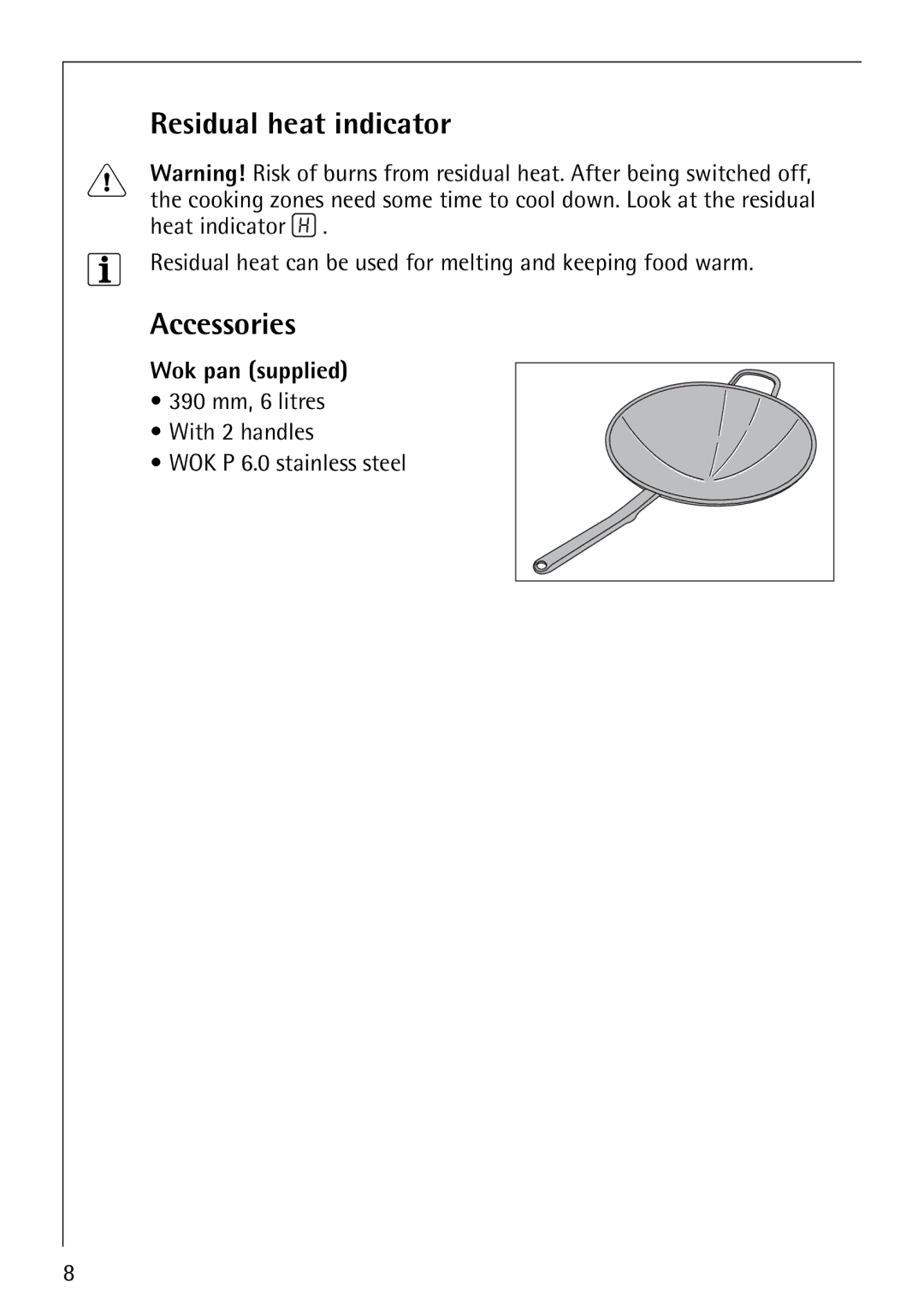 Electrolux FM4863-an manual Residual heat indicator, Accessories, Wok pan supplied 