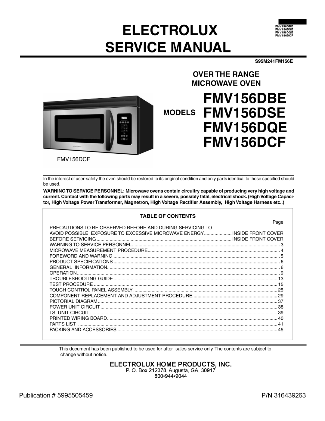 Electrolux FMV156DBE service manual Over the Range Microwave Oven Models, Table of Contents 