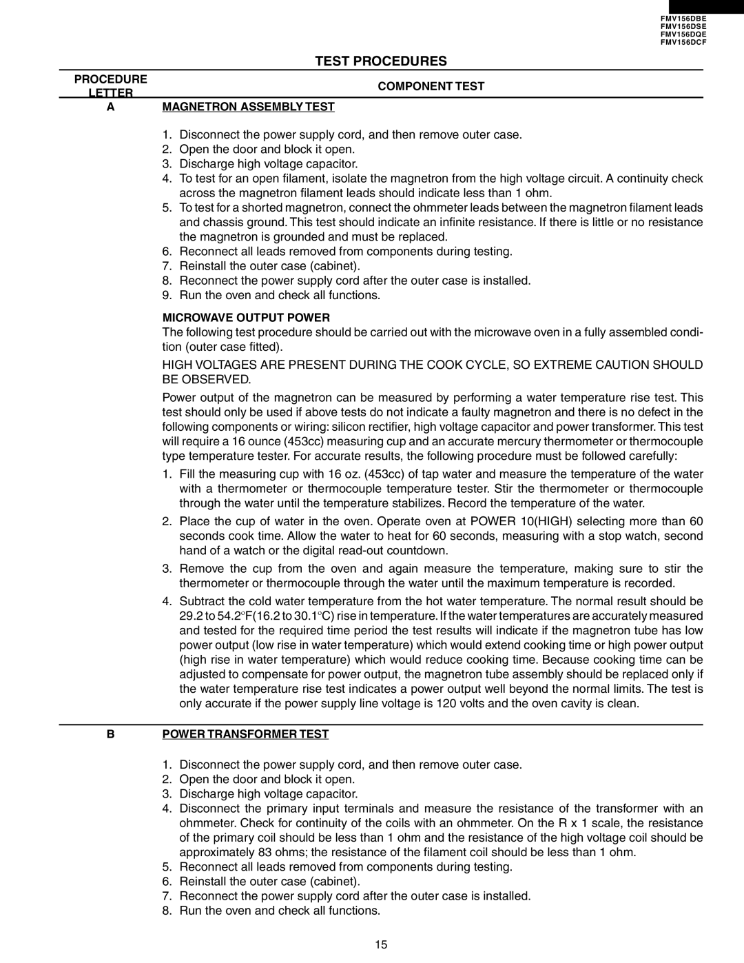 Electrolux FMV156DBE service manual Procedure Component Test Letter Magnetron Assembly Test, Microwave Output Power 