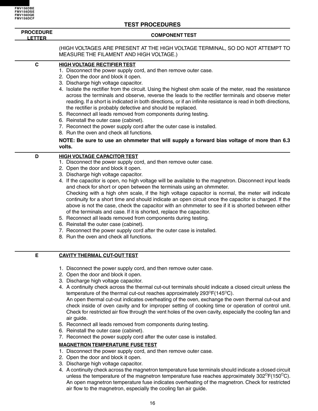Electrolux FMV156DBE High Voltage Capacitor Test, Cavity Thermal CUT-OUT Test, Magnetron Temperature Fuse Test 