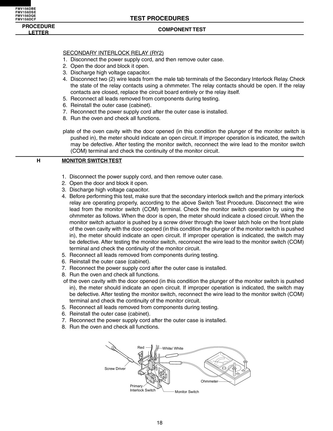 Electrolux FMV156DBE service manual Secondary Interlock Relay RY2, Monitor Switch Test 