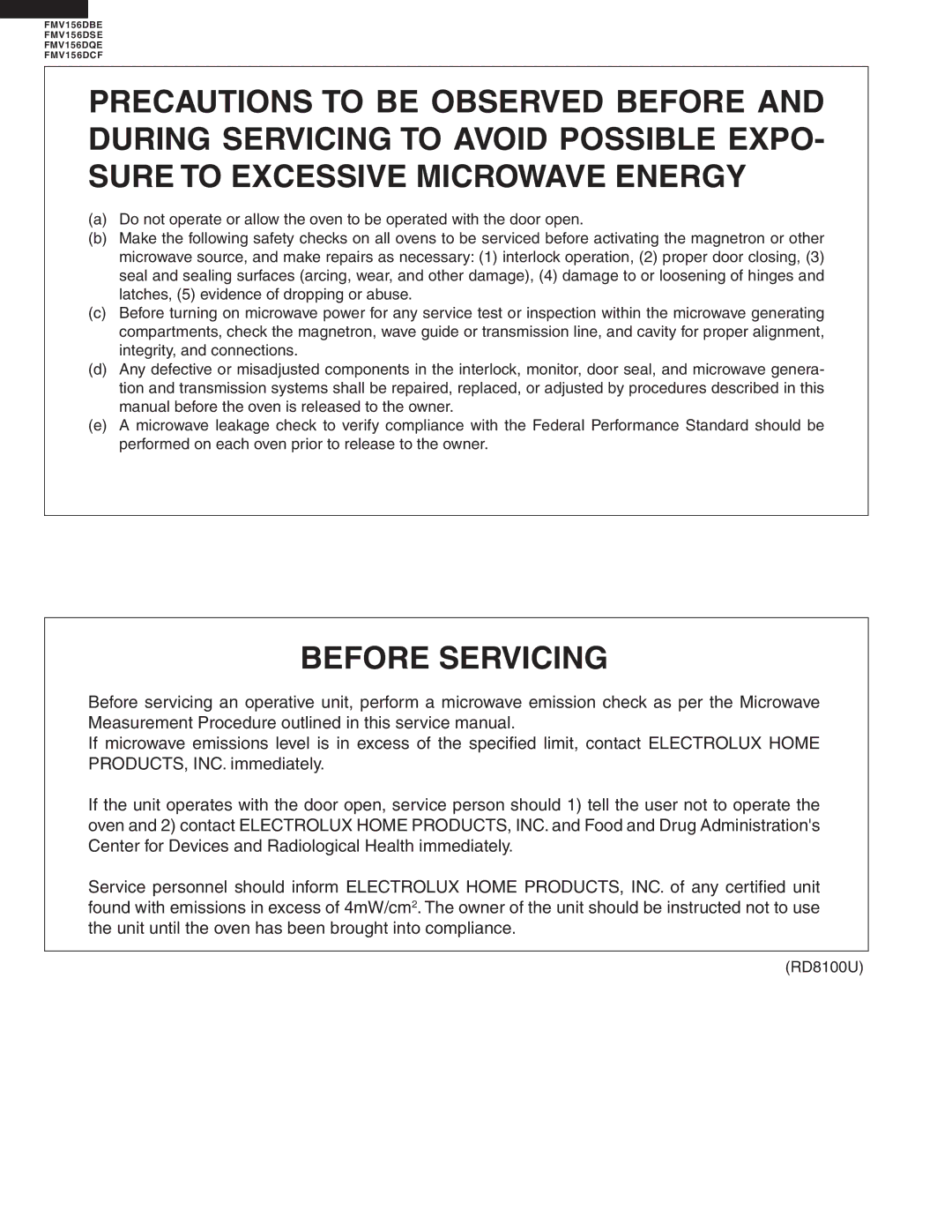 Electrolux FMV156DBE service manual Before Servicing 