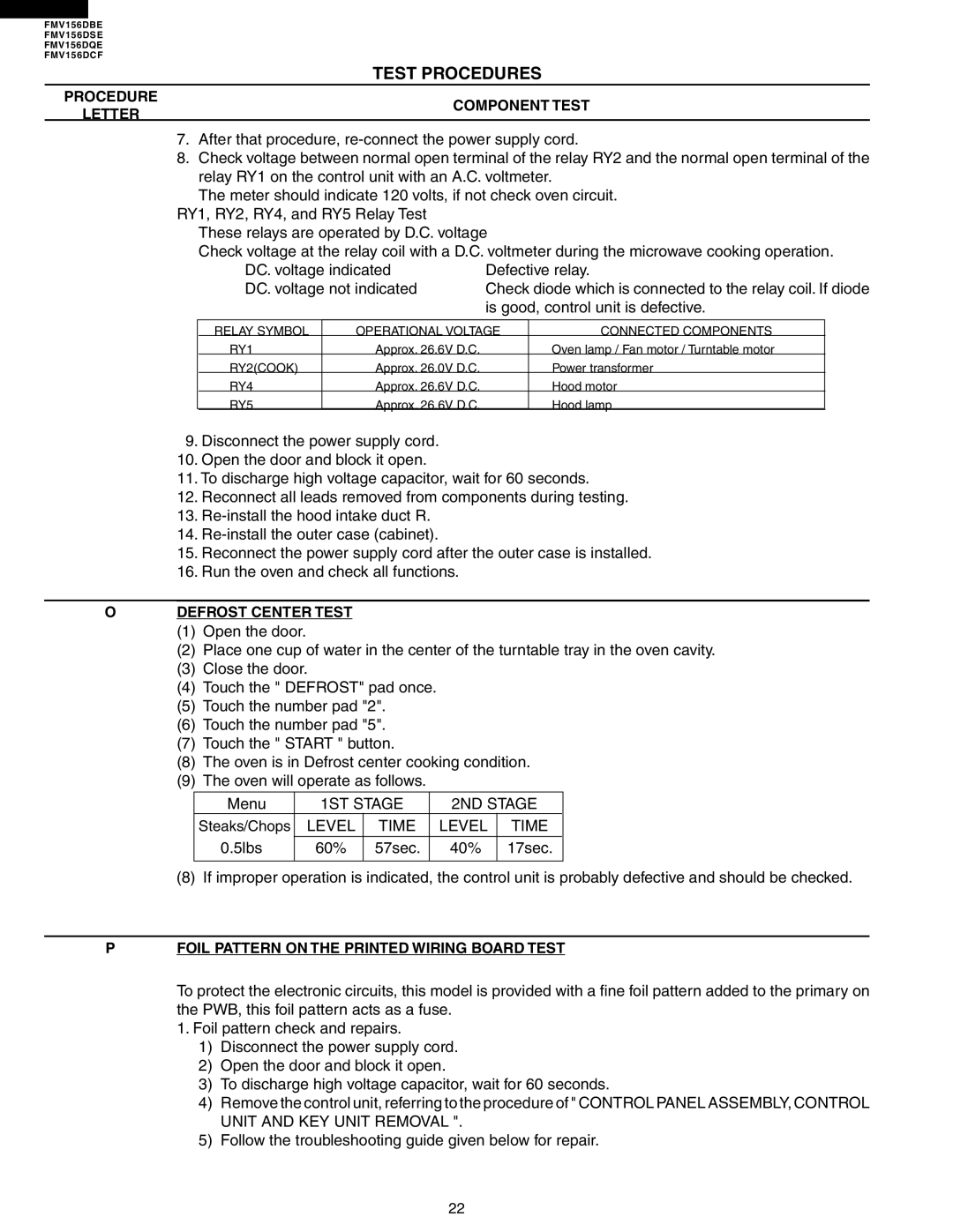Electrolux FMV156DBE Defrost Center Test, 1ST Stage 2ND Stage, Level Time, Foil Pattern on the Printed Wiring Board Test 