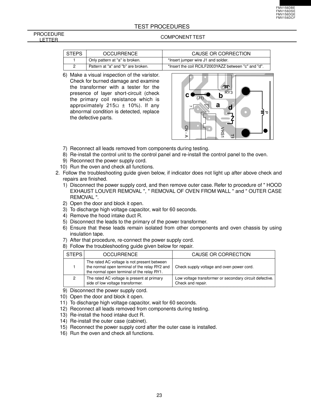 Electrolux FMV156DBE service manual Removal, Steps Occurrence Cause or Correction 