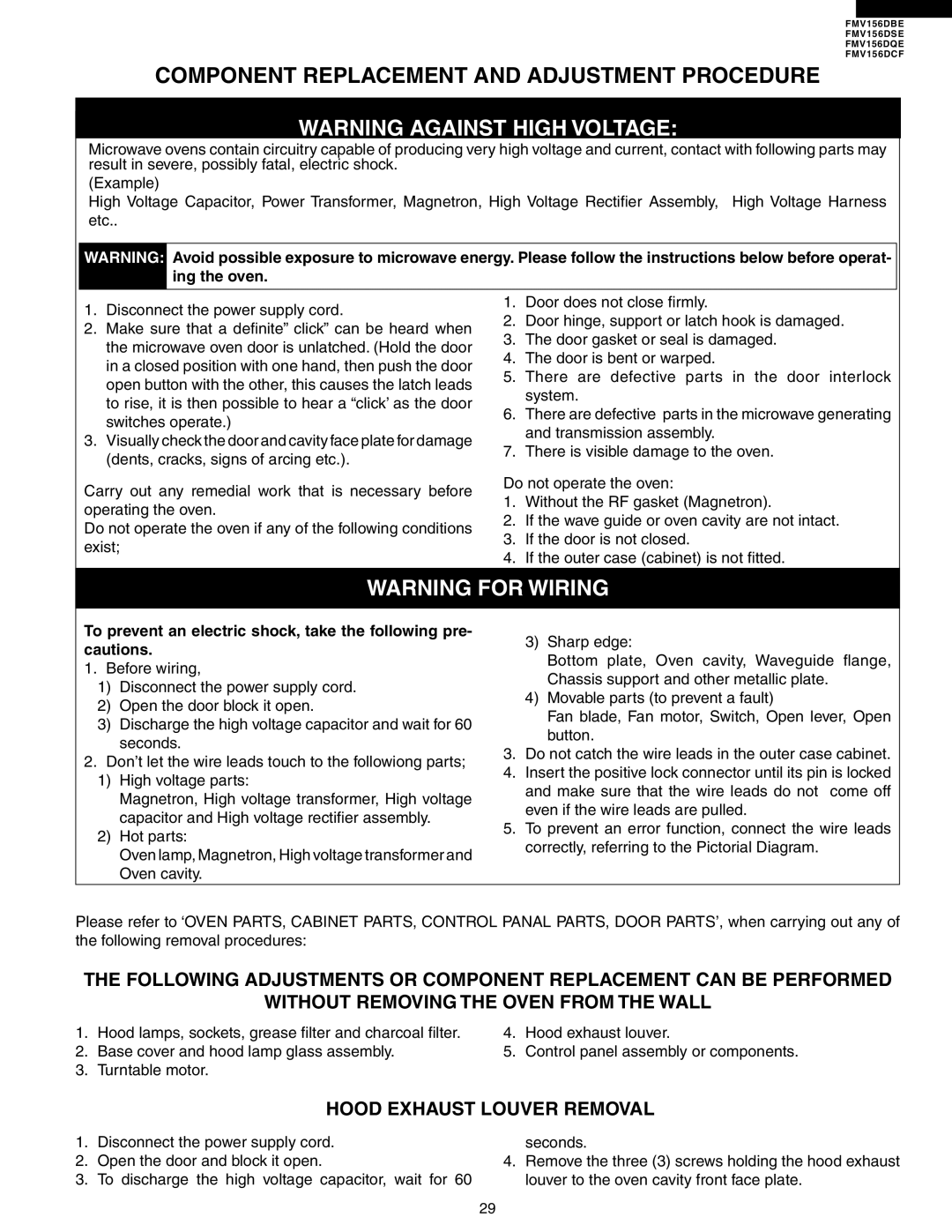 Electrolux FMV156DBE service manual Component Replacement and Adjustment Procedure, Hood Exhaust Louver Removal 