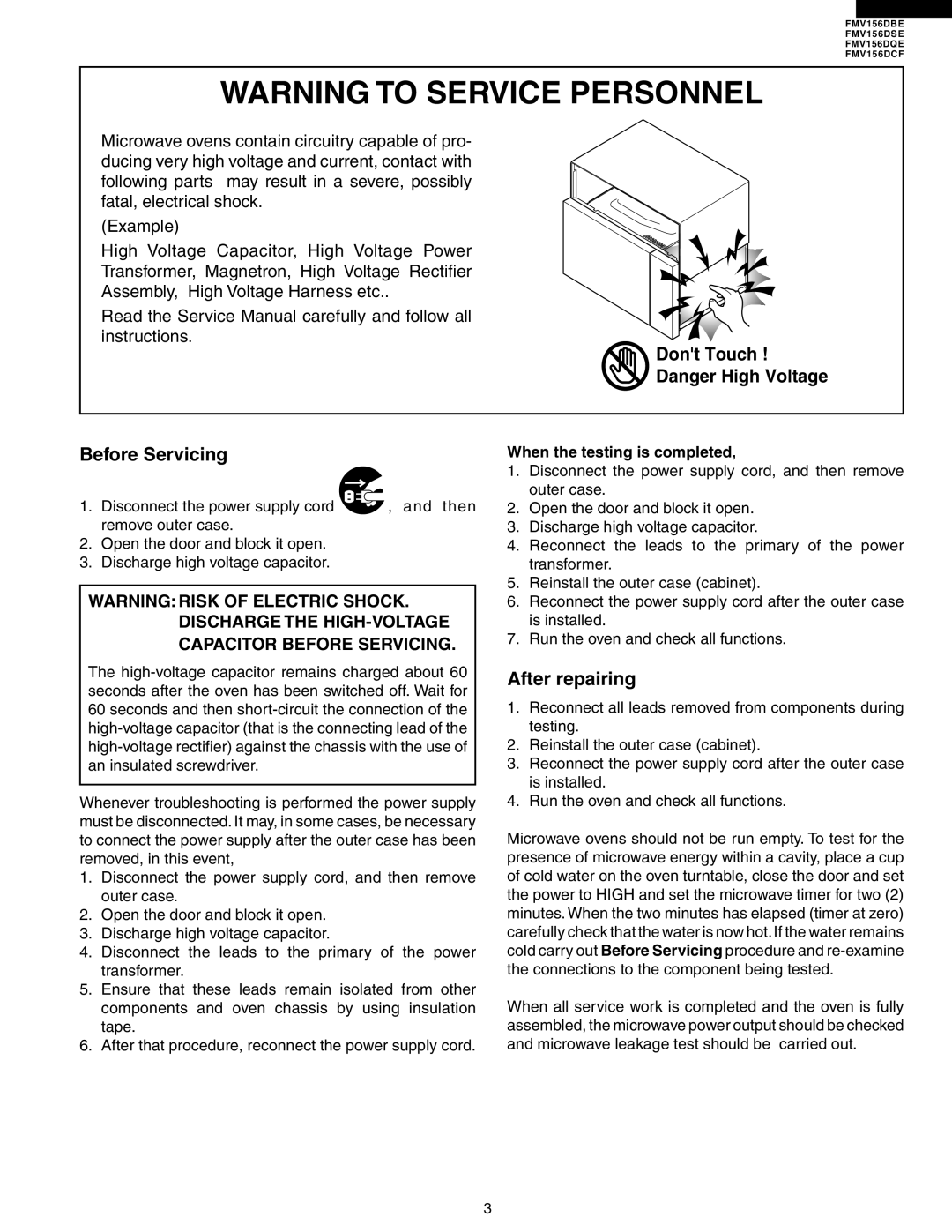 Electrolux FMV156DBE service manual Dont Touch Before Servicing, When the testing is completed 