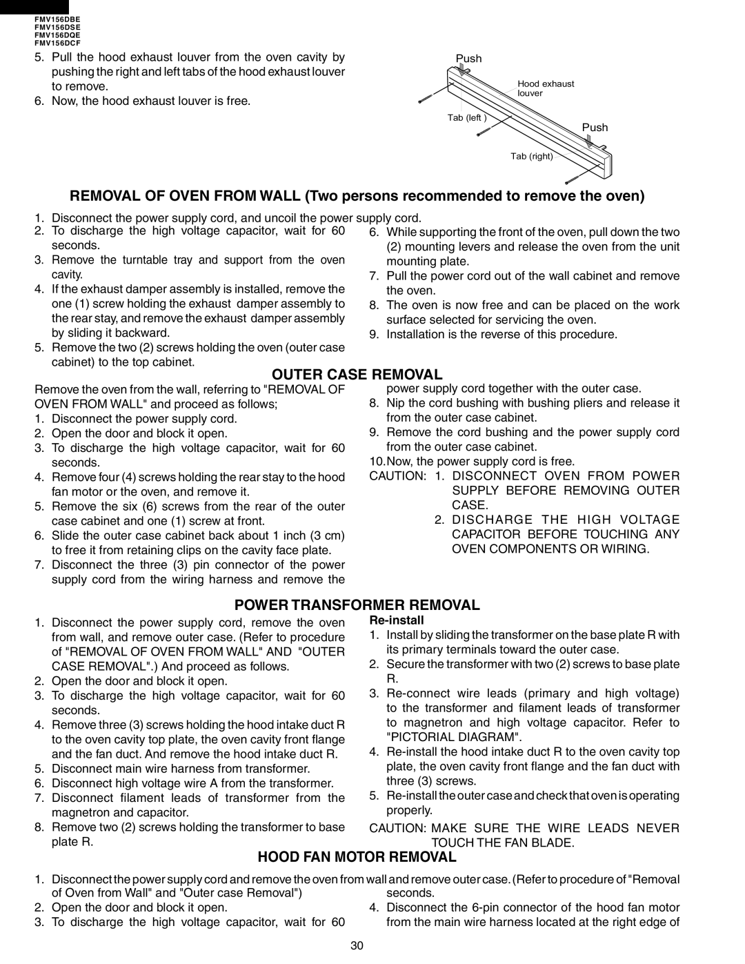 Electrolux FMV156DBE service manual Power Transformer Removal, Hood FAN Motor Removal, Re-install, Pictorial Diagram 