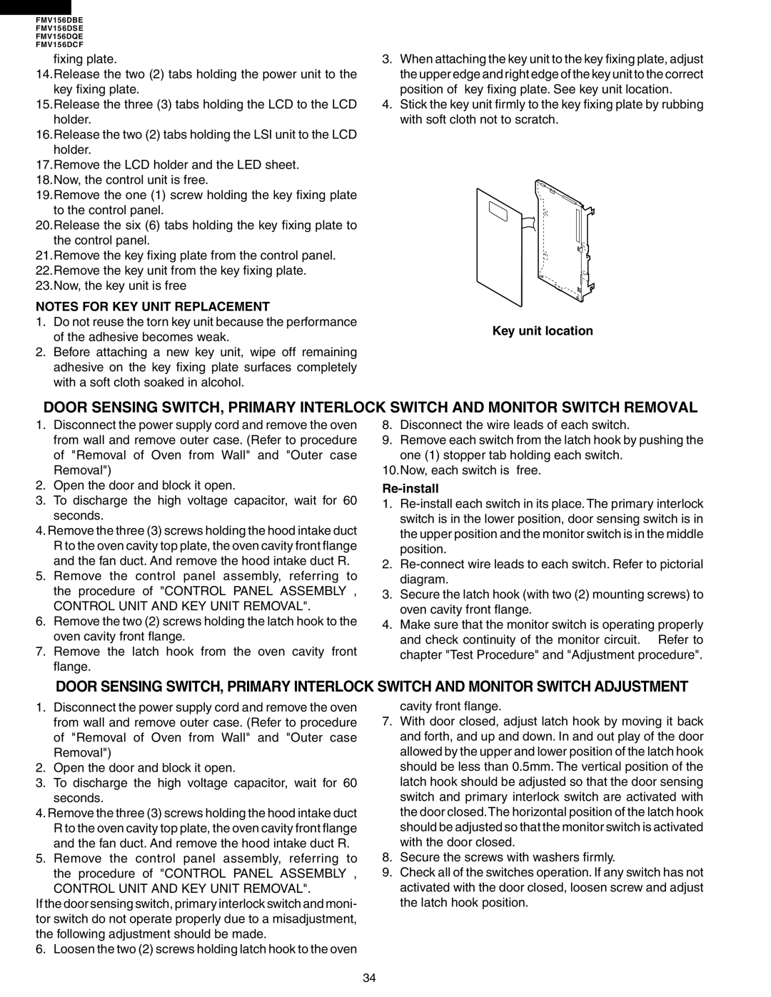 Electrolux FMV156DBE service manual Key unit location, Control Unit and KEY Unit Removal 