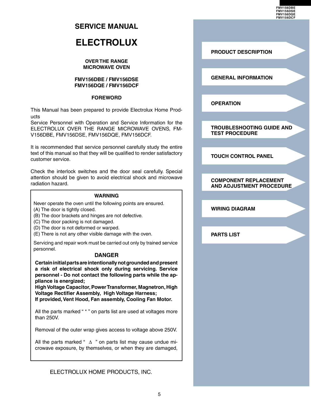 Electrolux FMV156DBE service manual Electrolux 