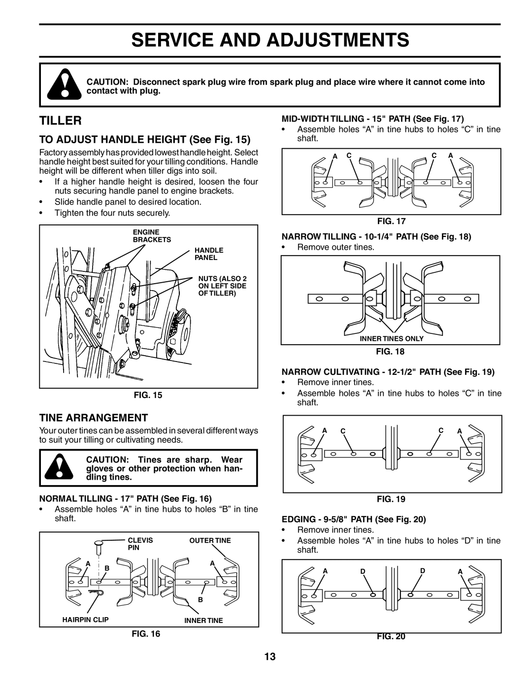 Electrolux FN620K owner manual Service and Adjustments, Tiller, To Adjust Handle Height See Fig, Tine Arrangement 