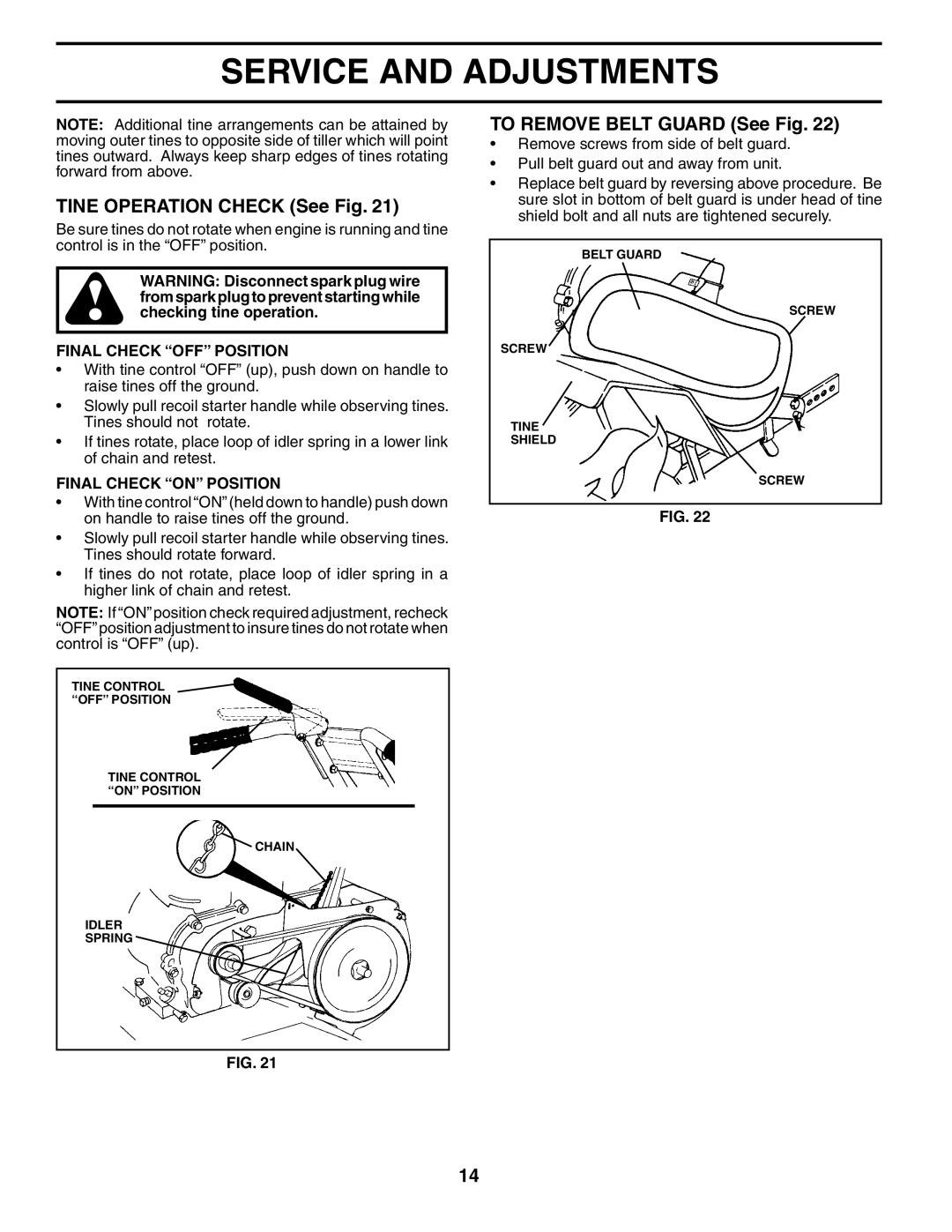 Electrolux FN620K owner manual Tine Operation Check See Fig, To Remove Belt Guard See Fig, Final Check OFF Position 