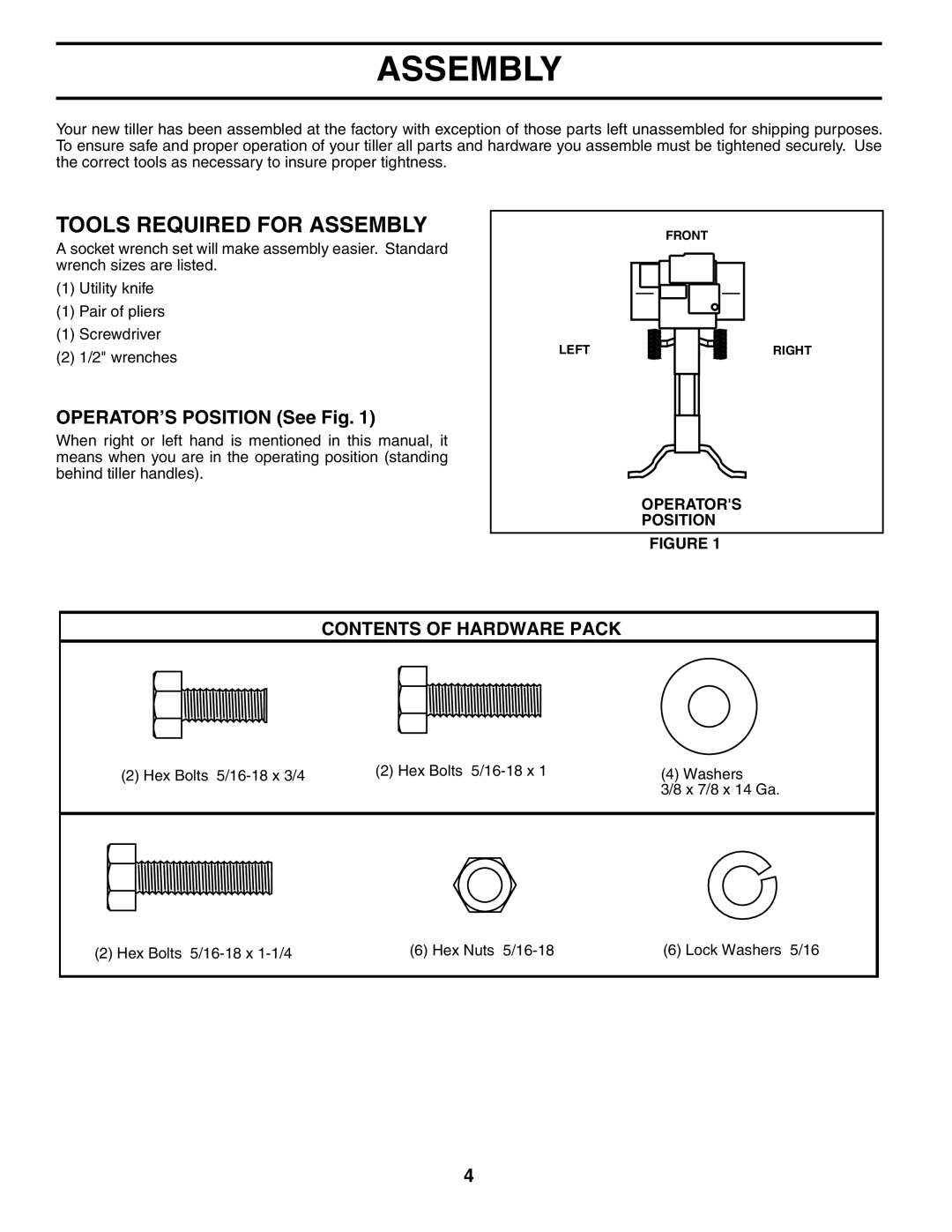 Electrolux FN620K owner manual Tools Required for Assembly, Contents of Hardware Pack 