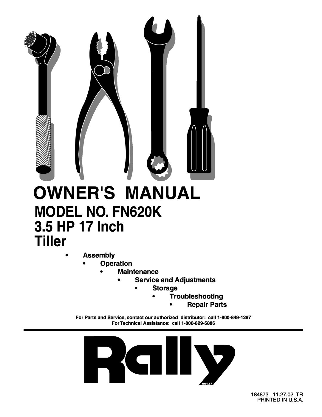 Electrolux owner manual MODEL NO. FN620K 3.5HP 17 Inch Tiller, Assembly Operation Maintenance, 00137 