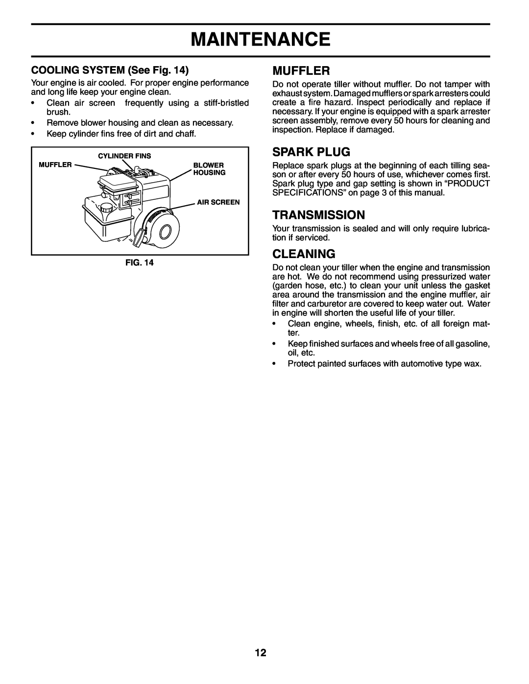 Electrolux FN620K owner manual Muffler, Spark Plug, Transmission, Cleaning, COOLING SYSTEM See Fig, Maintenance 