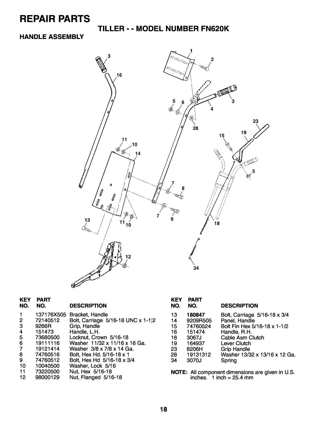 Electrolux owner manual Repair Parts, TILLER - - MODEL NUMBER FN620K, Handle Assembly 