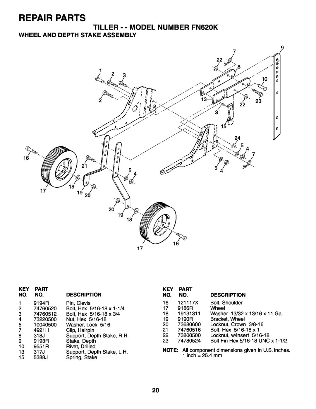 Electrolux owner manual Wheel And Depth Stake Assembly, Repair Parts, TILLER - - MODEL NUMBER FN620K 