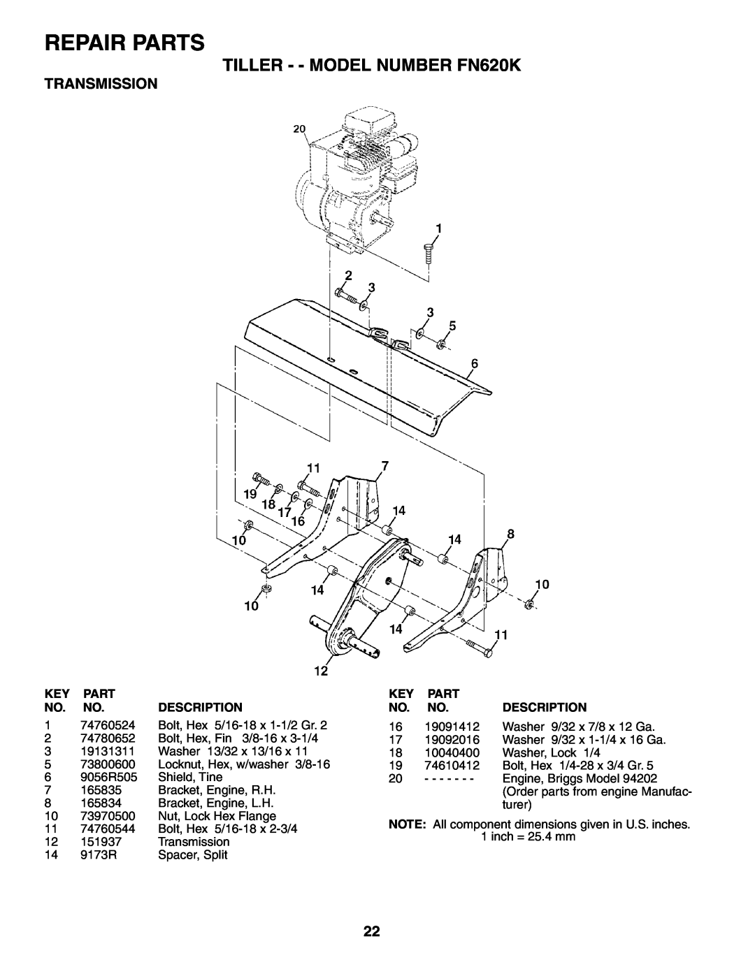 Electrolux owner manual Transmission, Repair Parts, TILLER - - MODEL NUMBER FN620K 