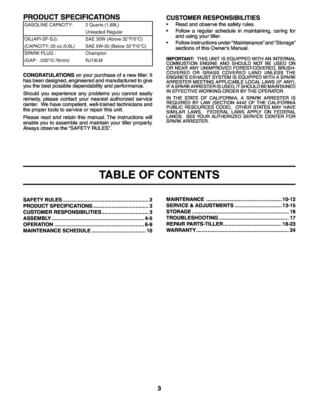 Electrolux FN620K owner manual Table Of Contents, Product Specifications, Customer Responsibilities 