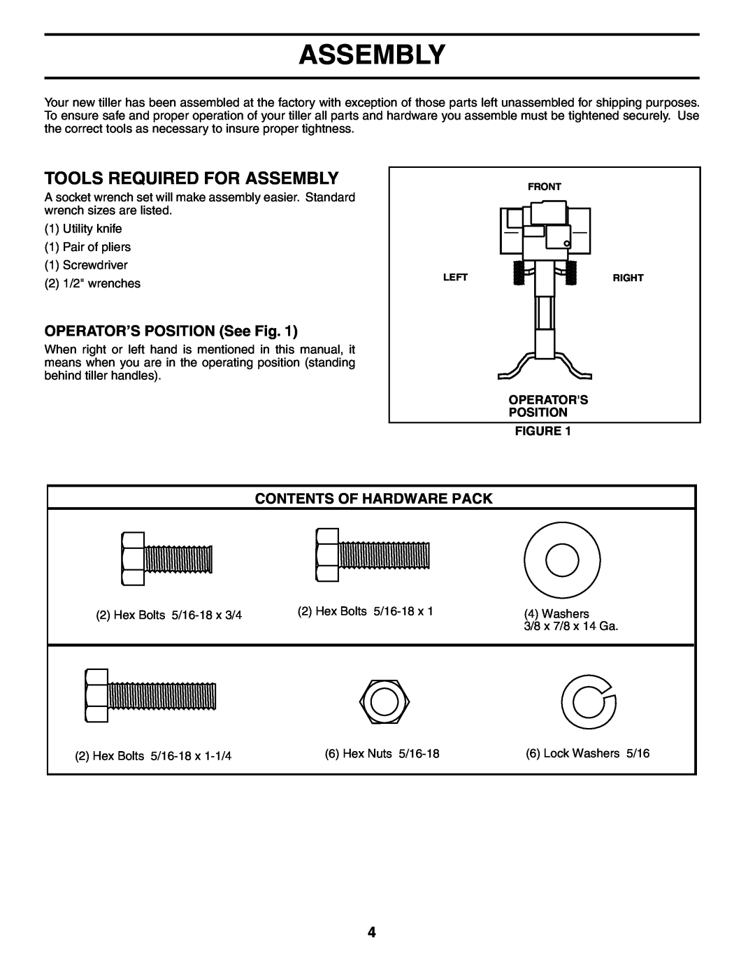 Electrolux FN620K owner manual Tools Required For Assembly, OPERATOR’S POSITION See Fig, Contents Of Hardware Pack 