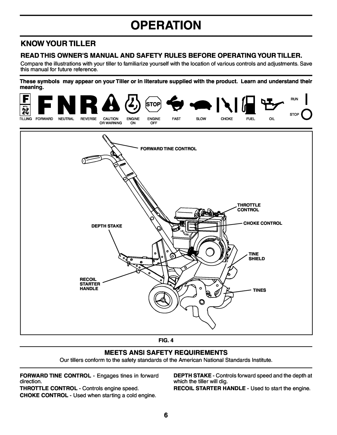 Electrolux FN620K owner manual Operation, Know Your Tiller, Meets Ansi Safety Requirements 