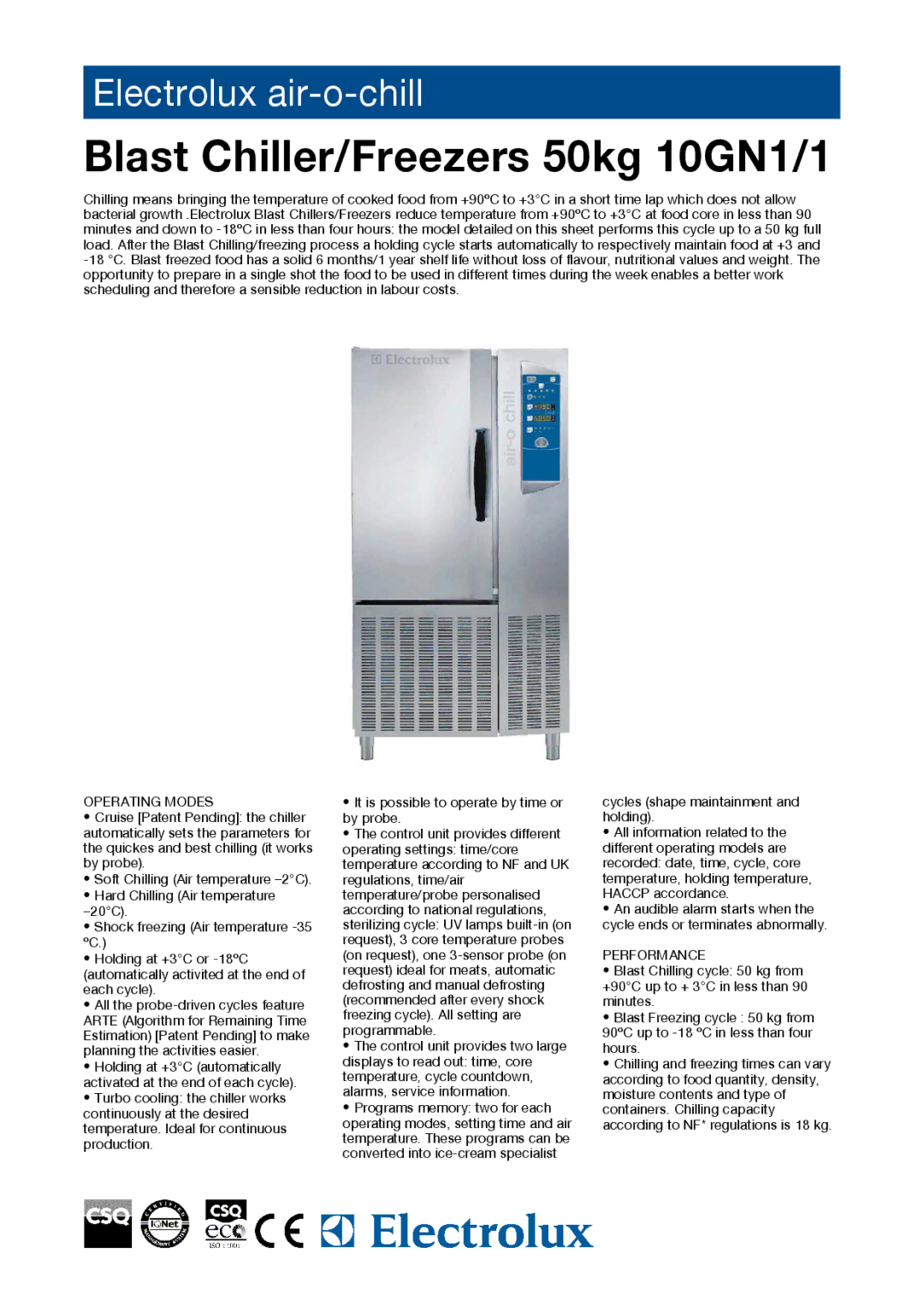 Electrolux Freezer manual Operating Modes, Performance 