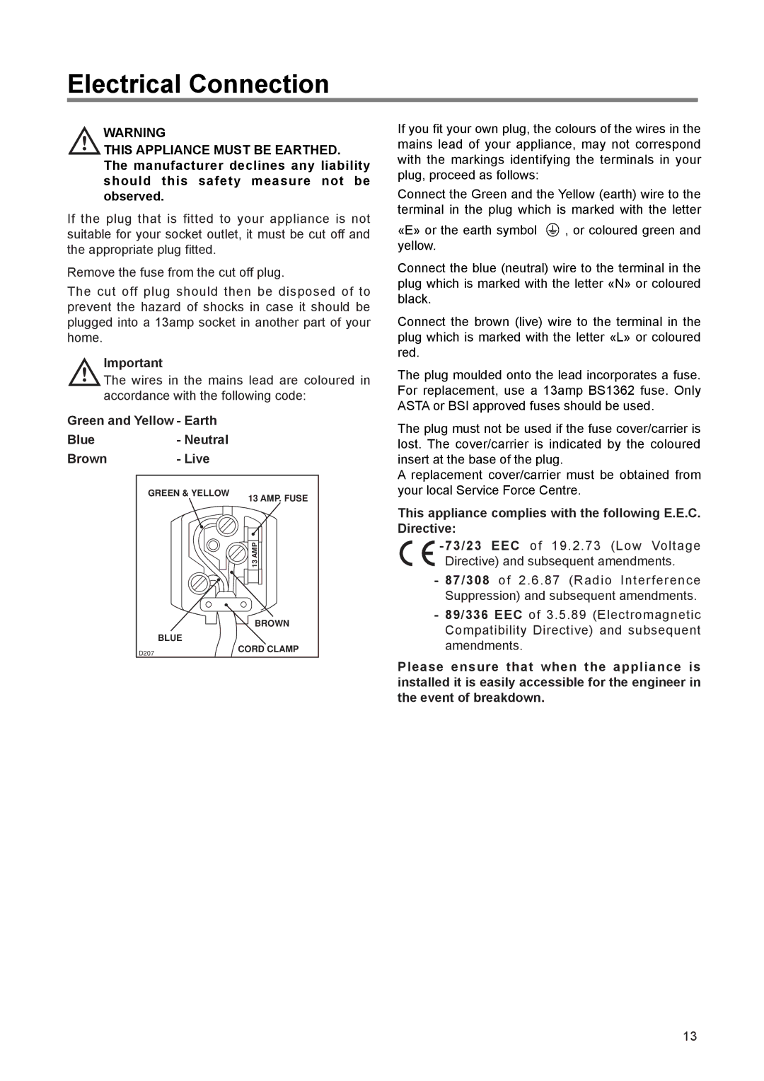 Electrolux FRF 120 manual Electrical Connection, Green and Yellow Earth Blue- Neutral Brown Live 