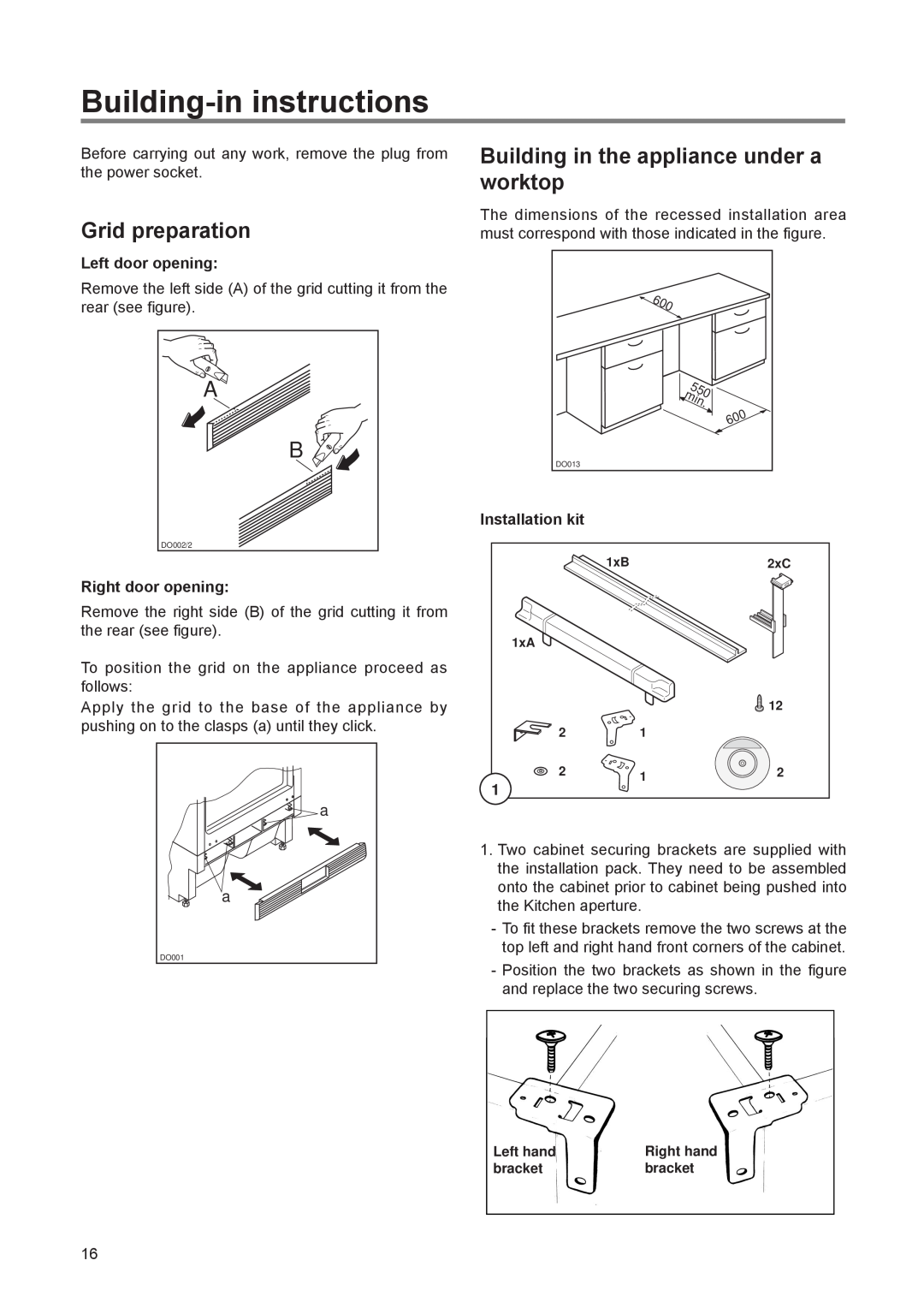 Electrolux FRF 120 manual Building-in instructions, Grid preparation, Building in the appliance under a worktop 