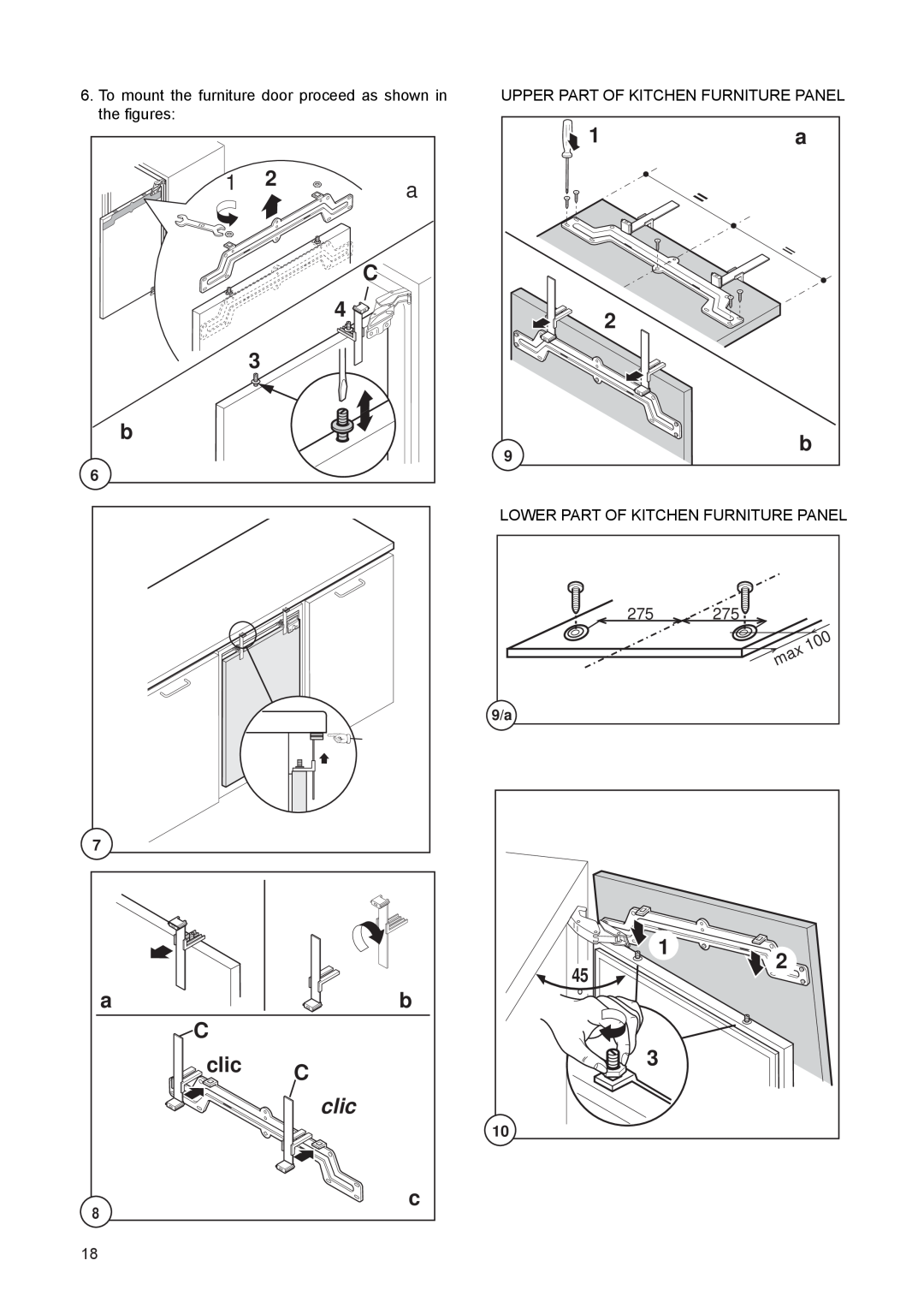 Electrolux FRF 120 manual clic, To mount the furniture door proceed as shown in the figures 