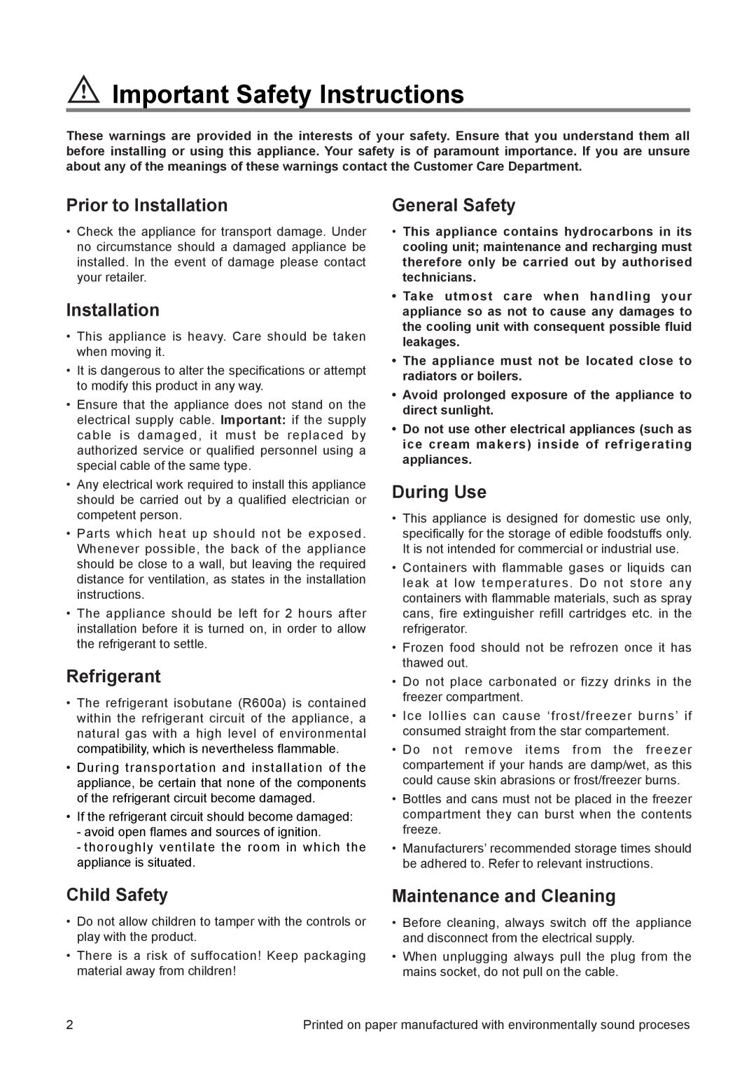 Electrolux FRF 120 manual Important Safety Instructions, Prior to Installation, Refrigerant, General Safety, During Use 