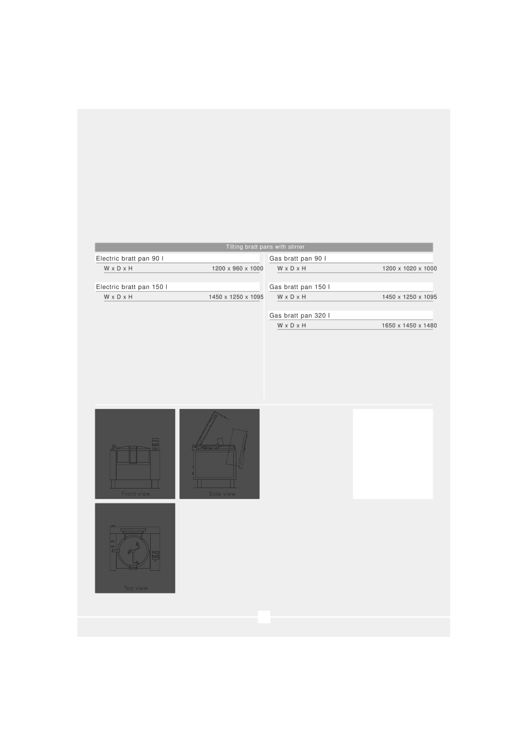 Electrolux Fryer manual D x H 1200 x 960 x, D x H 1450 x 1250 x, D x H 1200 x 1020 x, D x H 1650 x 1450 x Front view 