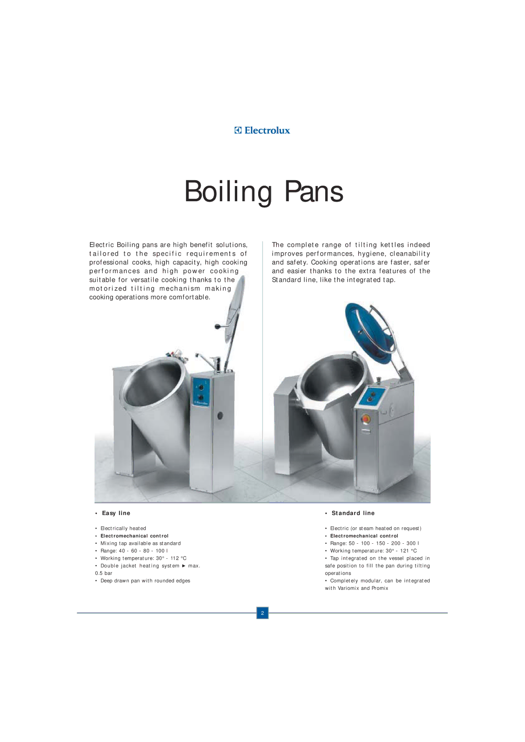 Electrolux Fryer manual Boiling Pans, Easy line, Standard line, Electromechanical control 