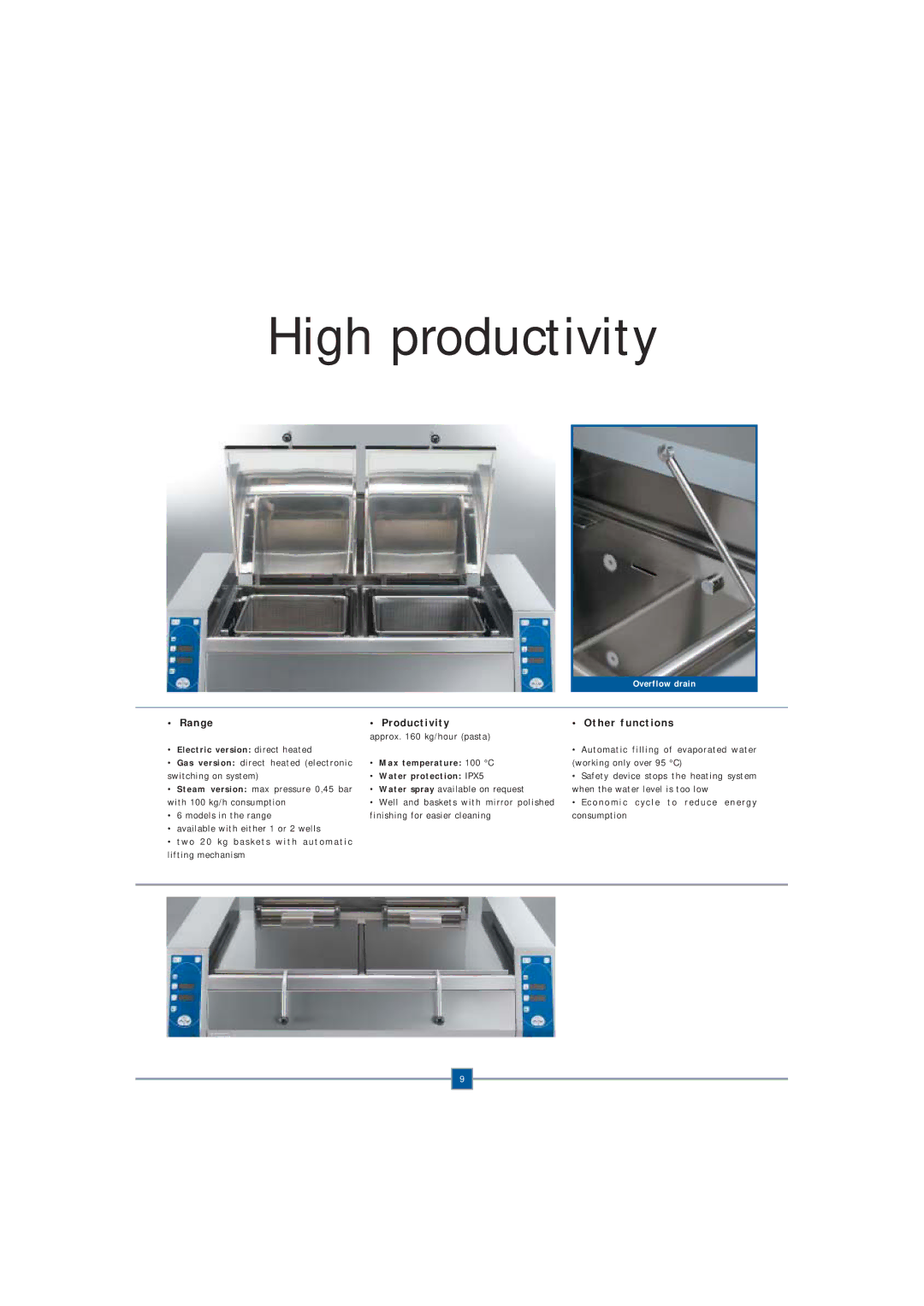 Electrolux Fryer manual High productivity, Range Productivity Other functions, Electric version direct heated 