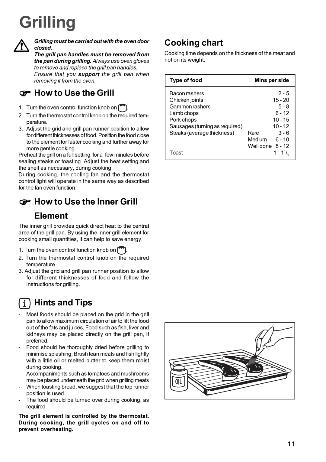 Electrolux FSF 650 manual Grilling, How to Use the Grill, How to Use the Inner Grill Element, Cooking chart 