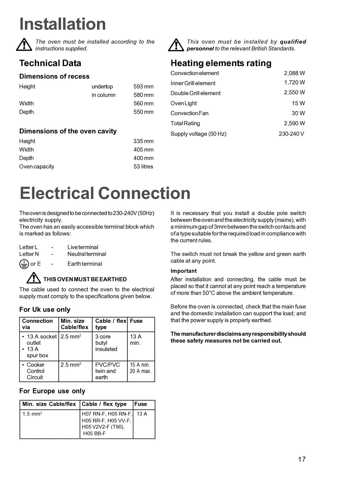 Electrolux FSF 650 manual Installation, Electrical Connection, Connection Min. size Cable / flex Fuse Via Cable/flex Type 