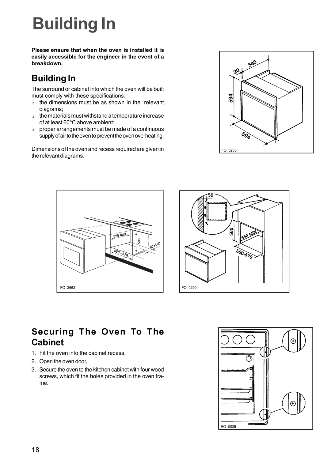 Electrolux FSF 650 manual Building, Securing The Oven To Cabinet 