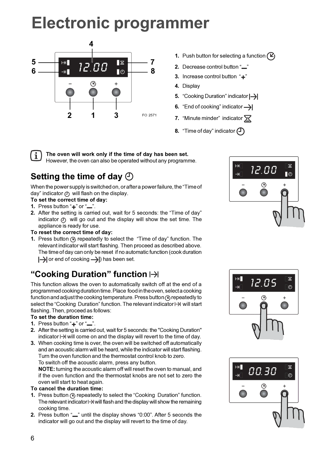 Electrolux FSF 650 manual Setting the time of day, Cooking Duration function 