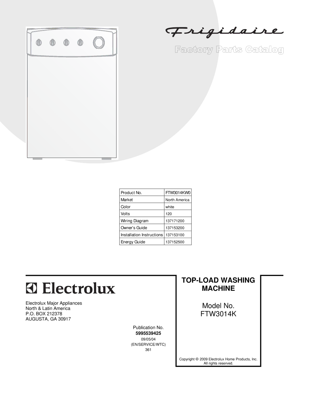 Electrolux FTW3014KW0 installation instructions TOP-LOAD Washing Machine 