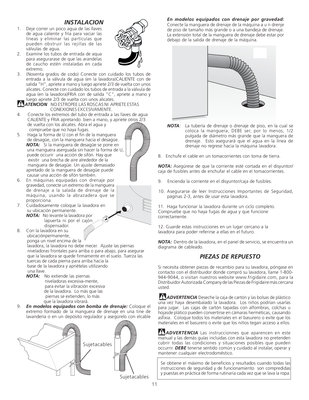 Electrolux Full Size Tumble Action Washer important safety instructions Instalacion, Piezas DE Repuesto, Sujetacables 