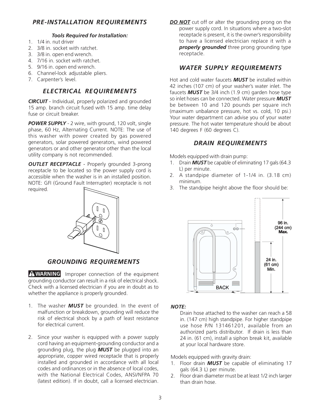 Electrolux Full Size Tumble Action Washer PRE-INSTALLATION Requirements, Electrical Requirements, Grounding Requirements 