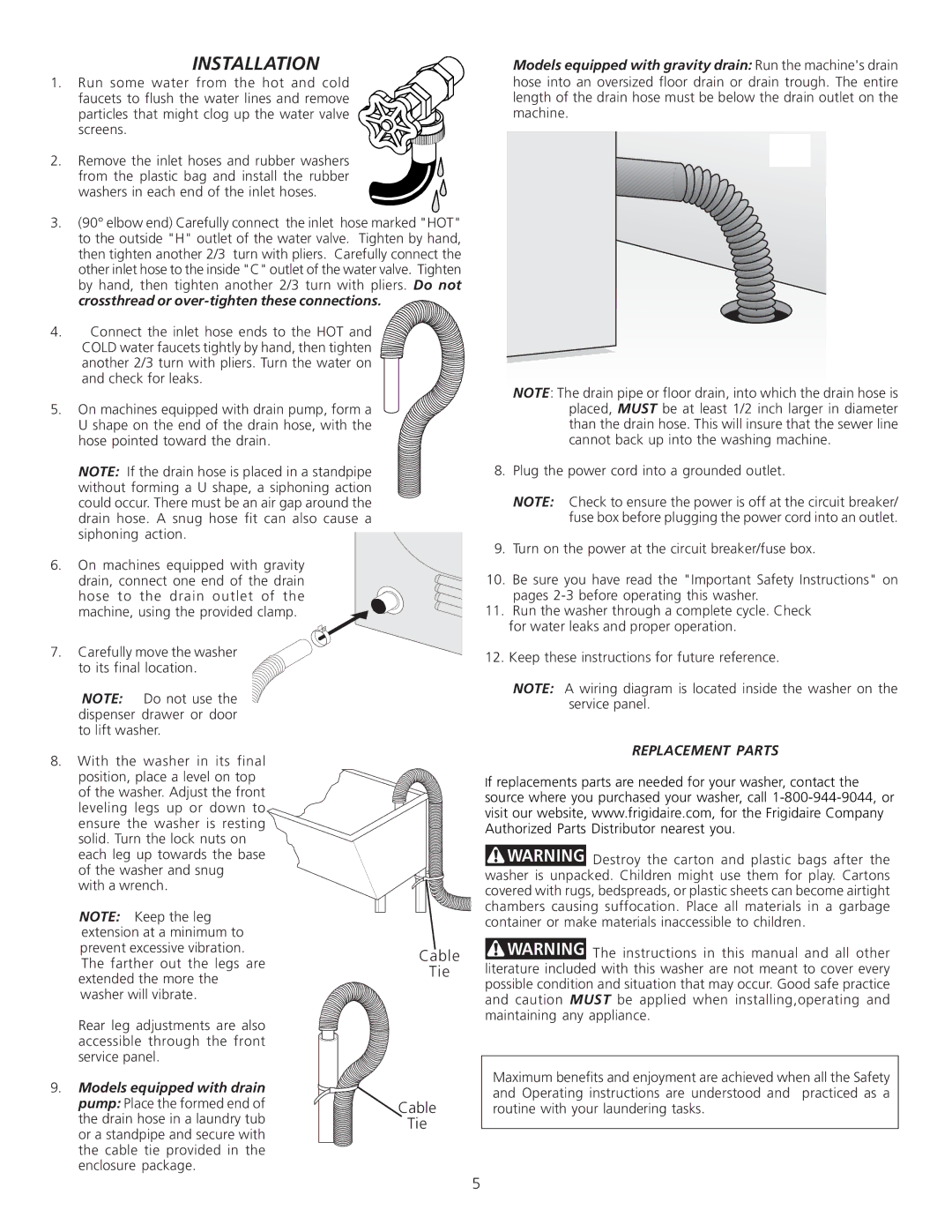 Electrolux Full Size Tumble Action Washer important safety instructions Installation, Cable, Tie 