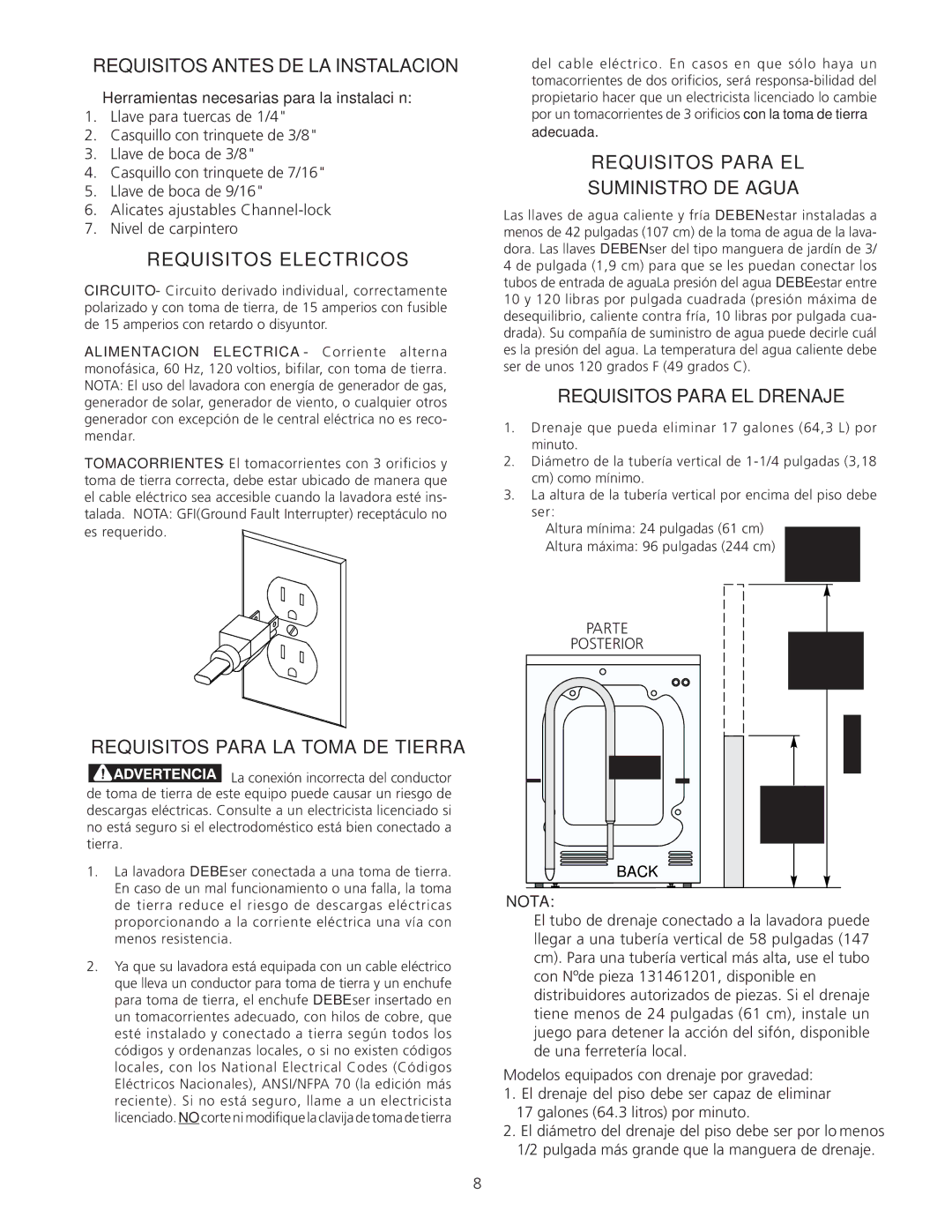 Electrolux Full Size Tumble Action Washer Requisitos Antes DE LA Instalacion, Requisitos Electricos 