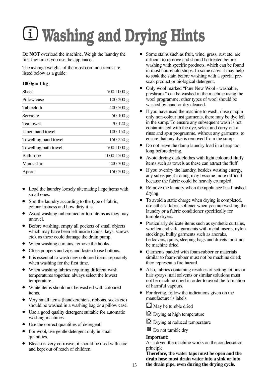 Electrolux FWD 1210 manual Washing and Drying Hints, 1000g = 1 kg, Drain pipe, even during the drying cycle 