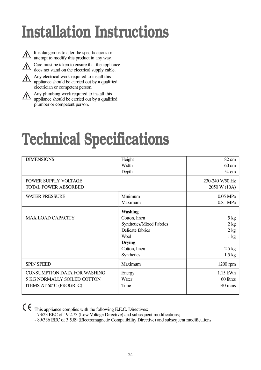 Electrolux FWD 1210 manual Installation Instructions, Technical Specifications, Washing, Drying 