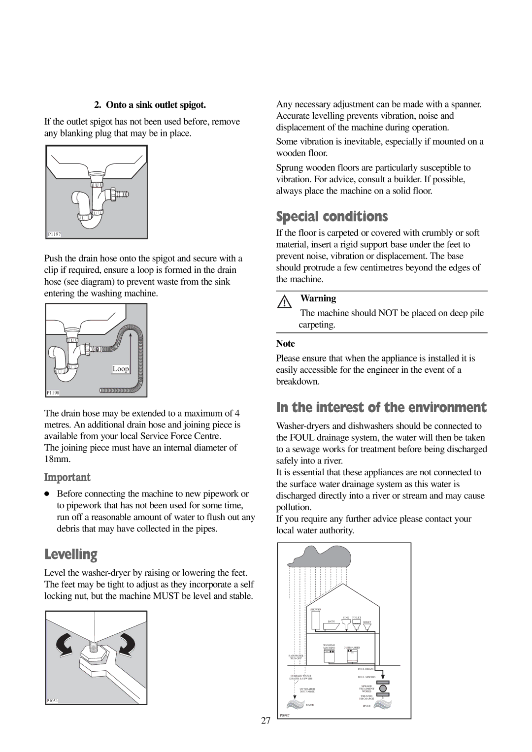 Electrolux FWD 1210 manual Special conditions, Interest of the environment, Levelling, Onto a sink outlet spigot 