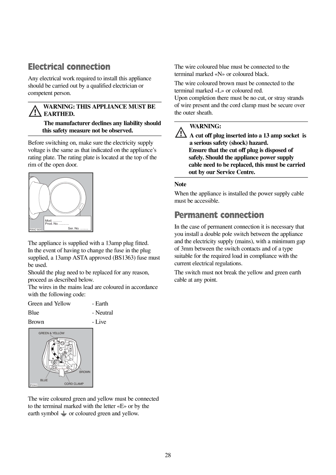 Electrolux FWD 1210 manual Electrical connection, Permanent connection 