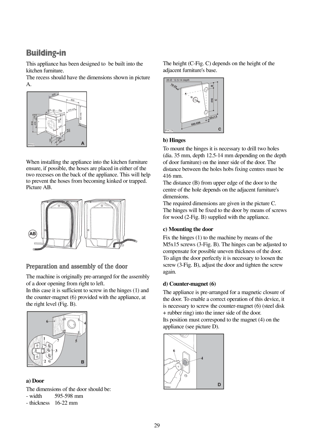 Electrolux FWD 1210 manual Building-in, Door, Hinges, Mounting the door, Counter-magnet 