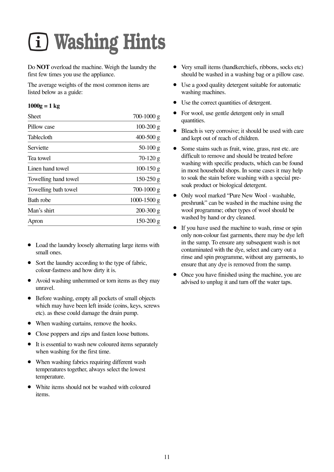 Electrolux FWM 1010 manual Washing Hints, 1000g = 1 kg 