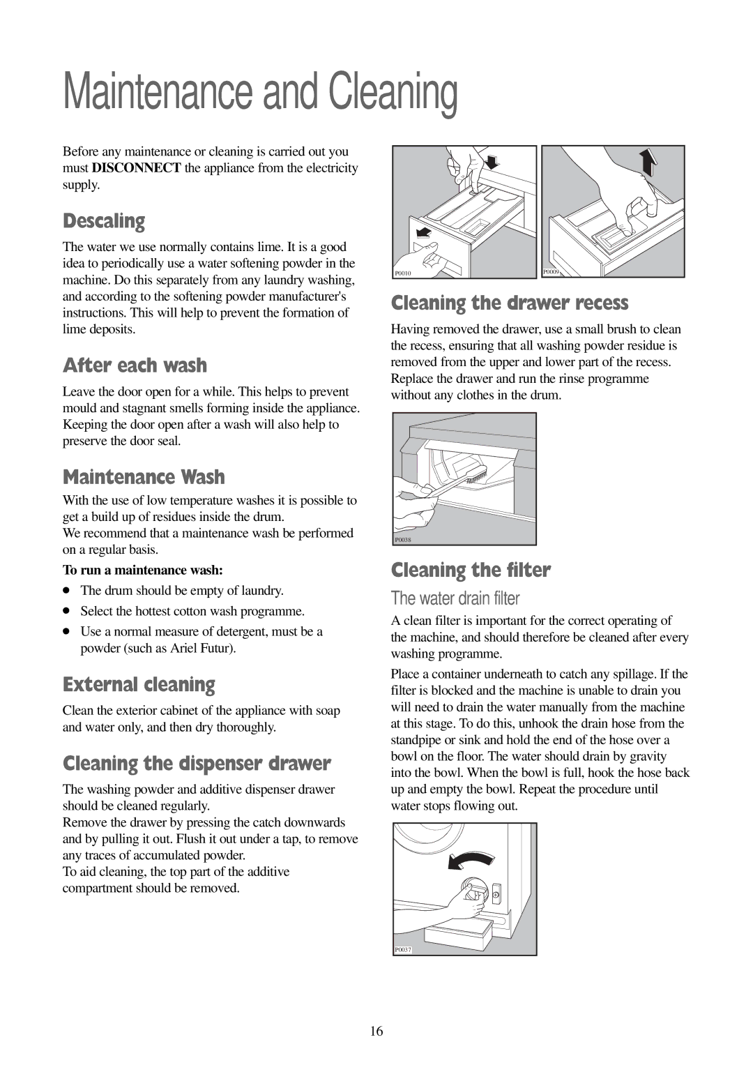 Electrolux FWM 1010 manual Maintenance and Cleaning 