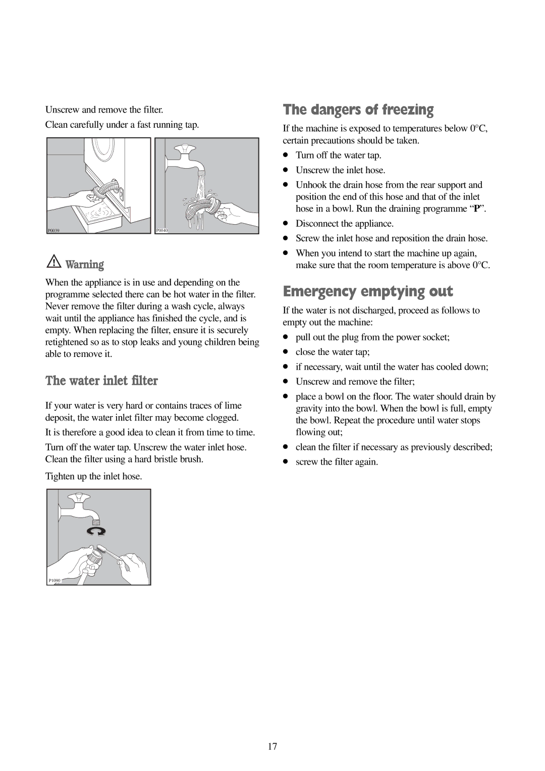 Electrolux FWM 1010 manual Emergency emptying out, Water inlet filter 